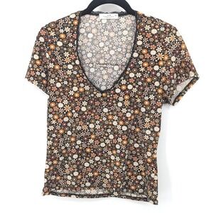 Y2K Top‎ Womens Medium Brown Floral V Neck Short Sleeve Ribbed 90s Forest Fairy